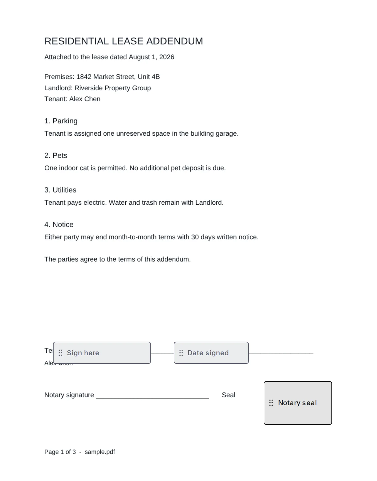 Residential lease addendum open in the editor, with sign here, date signed, and notary seal fields on the page.