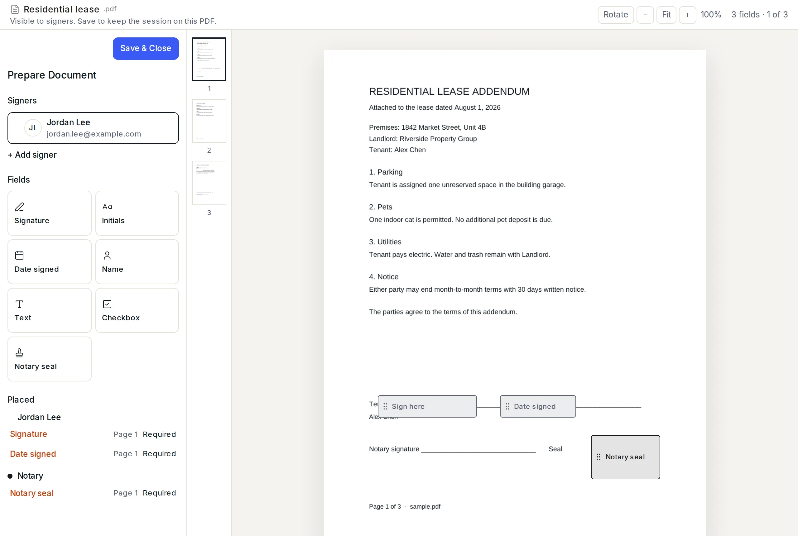 Prepare editor for a residential lease, with Jordan Lee as signer and signature, date, and notary seal fields.